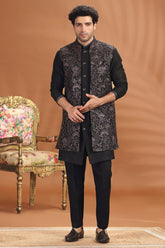Black Silk Embroidery and Sequin Worked Jacket Kurta Set
